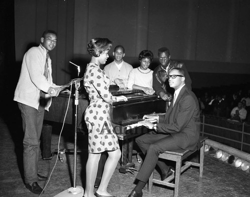 Music group on stage, Los Angeles, 1962