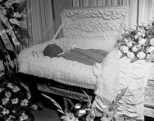 Deceased in casket, Los Angeles, 1957