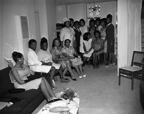 Eula, La Doris, and Burnistine McClaney celebrating at a wedding shower, Los Angeles, 1960