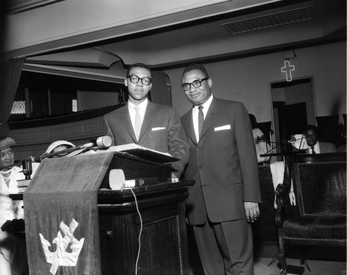 Reverend Ford at pulpit, Los Angeles, 1957