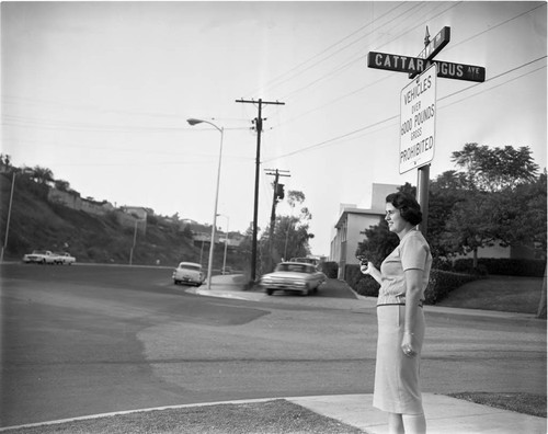 Rosalind Wyman campaigns on the street, Los Angeles. 1963