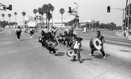 Drill team performing during the Elks Grand Temple Convention parade, Los Angeles, 1986