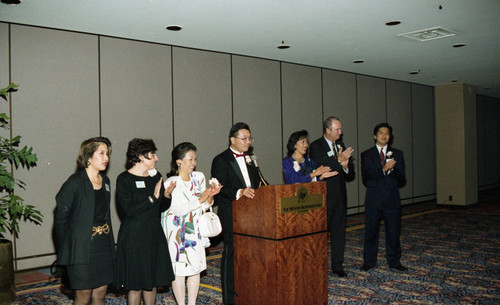 Asian Pacific American Legal Center's Stewart Kwoh speaking at an event, Los Angeles, ca. 1989