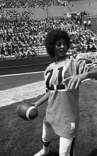 Pam Grier playing in the Urban League's Celebrity All-Star Freedom Classic pre-game, Los Angeles, 1973