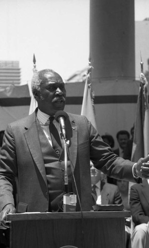 Nate Holden speaking in front of City Hall, Los Angeles, 1987