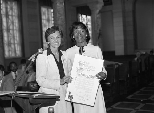 Roxie Roker receiving a commendation from Pat Russell, Los Angeles, 1983