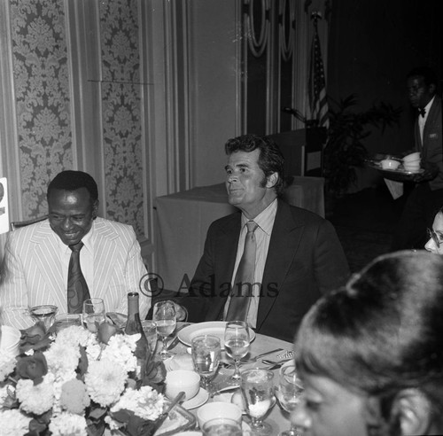 Ben Vereen and James Garner attending an event in honor of Tom Bradley, Los Angeles, 1972