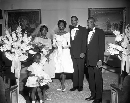 Bryant-Fair wedding party posing together, Los Angeles, 1962