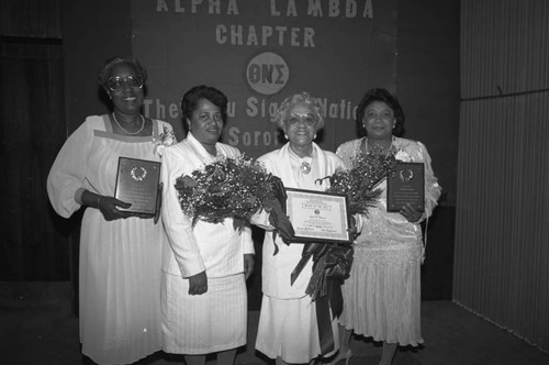 Alpha Lambda Chapter, Theta Nu Sigma members posing together, Los Angeles, 1985