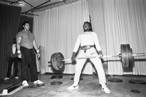 Man lifting weights, Los Angeles, 1983