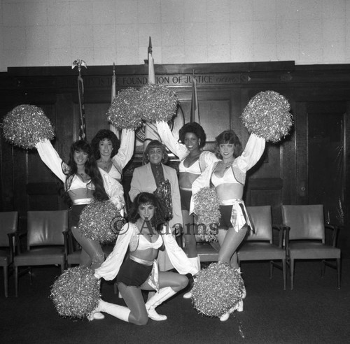 Ethel Bradley and cheerleaders, Los Angeles, 1984