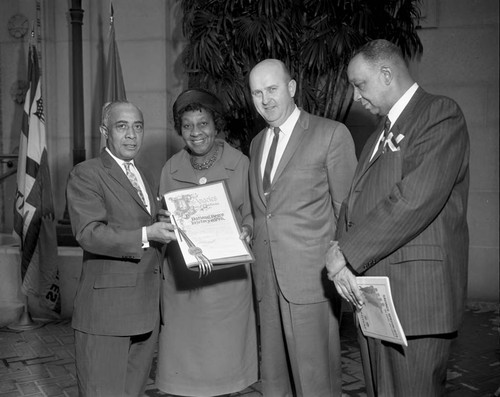 Presentation of National Negro History Week proclamation, Los Angeles, 1963