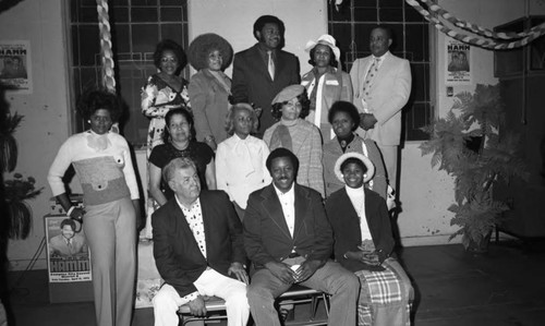 Hillard Hamm posing with his campaign supporters, Compton, 1975