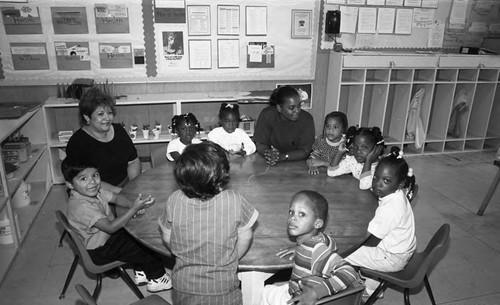 Los Angeles Urban League program participants meeting in a classroom, Los Angeles, 1991