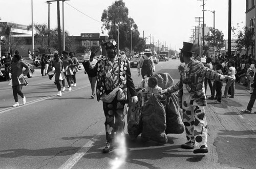 Clowns walking in the South Central Easter Parade, Los Angeles, 1986