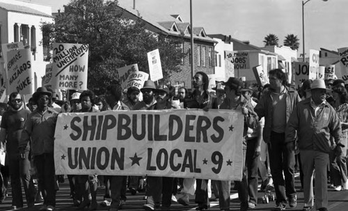 Shipbuilders Union, Local 9 members marching in a Dr. Martin Luther King, Jr. Day parade, Los Angeles, ca. 1987