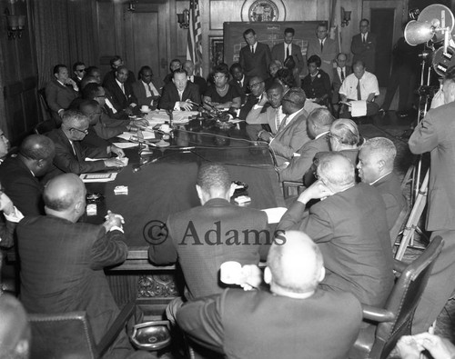 Los Angeles pastors presenting a statement to Mayor Sam Yorty on police brutality, Los Angeles, 1962