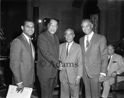 Duke Ellington posing with Billy Mills, Gil Lindsay, and Charles Adams, Los Angeles, 1967