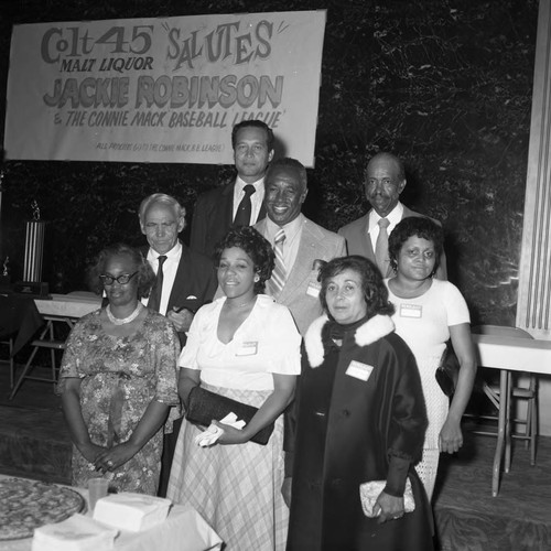 Connie Mack Baseball League event attendees pose for a group portrait, Los Angeles, 1972