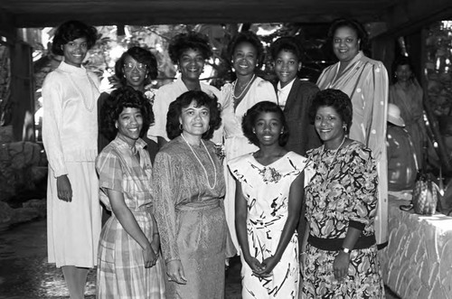 Graduates posing with their advisors at a Alpha Gamma Omega brunch, Los Angeles, 1986