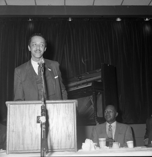 Channing E. Phillips speaking at an event for mayoral candidate Tom Bradley, Los Angeles, 1969