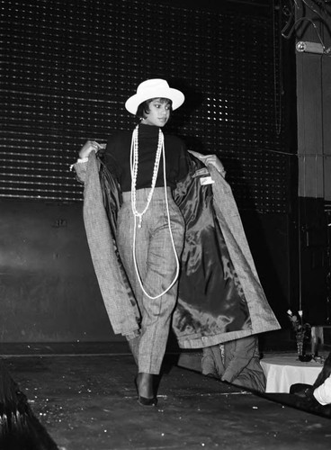 Model walking a runway at Circus Disco, Los Angeles, 1986