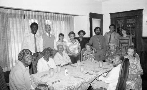 Guests of Family Circle Retirement Home posing together, Los Angeles, 1985