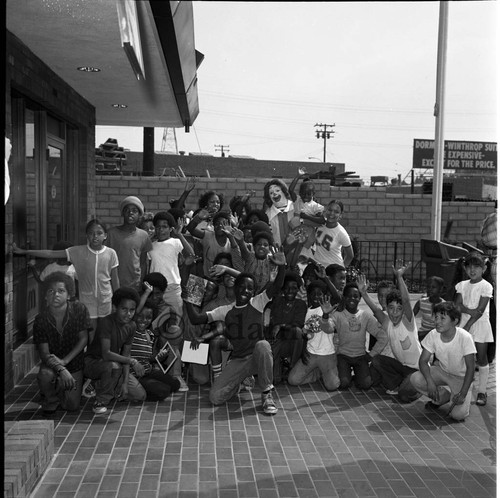 Ronald McDonald and group of children, Los Angeles, 1977