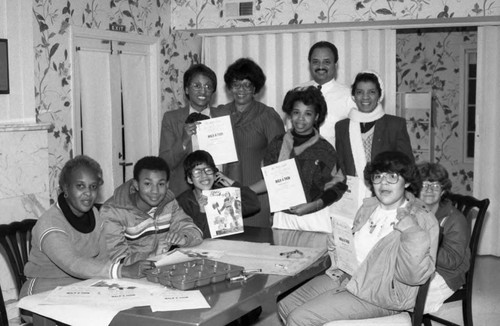 Crippled Children Foundation event participants posing for a group portrait, Los Angeles, 1986