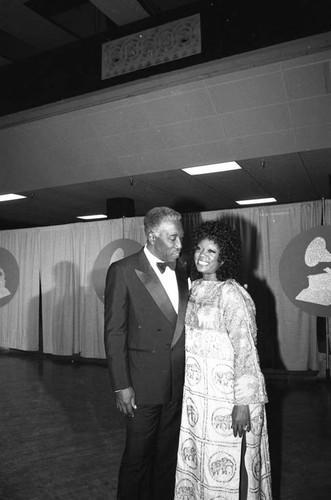 Joe Williams and Ernestine Anderson posing backstage at the 26th Annual Grammy Awards, Los Angeles, 1984