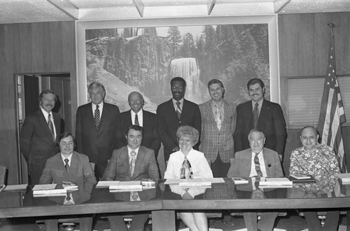 Compton College meeting participants posing together, Compton, 1971