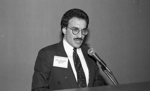 Mark S. Gallegos speaking at an American Bar Association event, Los Angeles, 1990