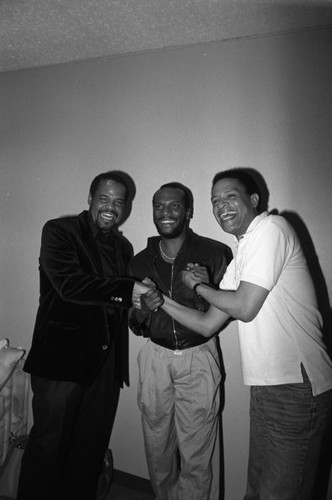 Al Jarreau and George Howard posing together at the 11th Annual BRE Conference, Los Angeles, 1987