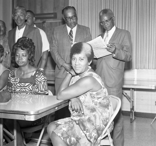 Men and women attending a NAACP Board of Directors meeting, Compton, 1971