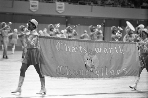 Chatsworth High School students performing at a LAUSD Band and Drill Team Championship, Los Angeles, 1983