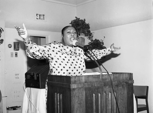 Carolyn Showell speaking at the First Apostolic Church Annual Women's Breakfast, Inglewood, 1983