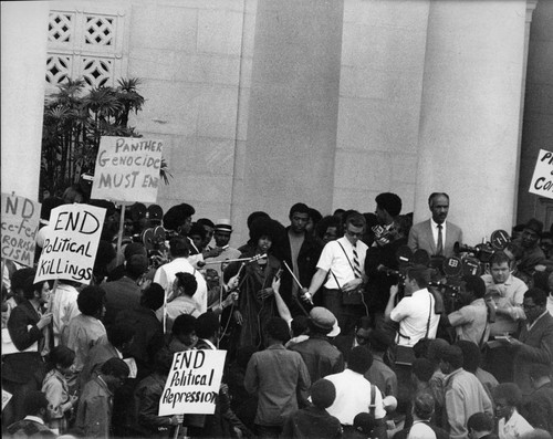 Joan Kelly at a Black Panther rally, Los Angeles