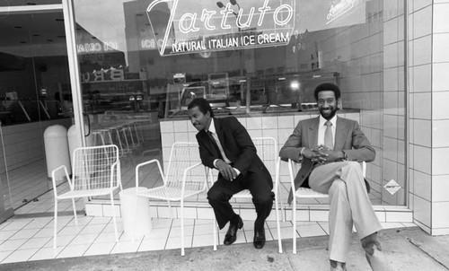 Men sitting in front of the Tartufo ice cream shop, Los Angeles, 1983