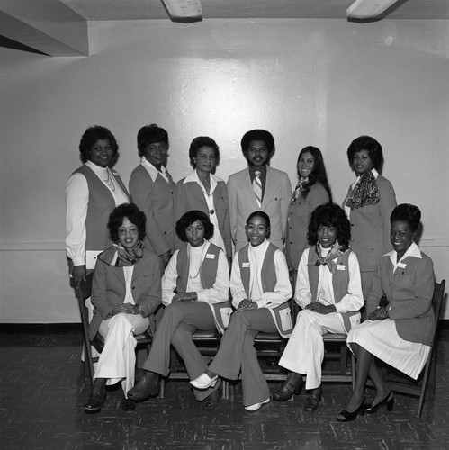 Broadway Federal Savings and Loan staff posing together, Los Angeles, 1974