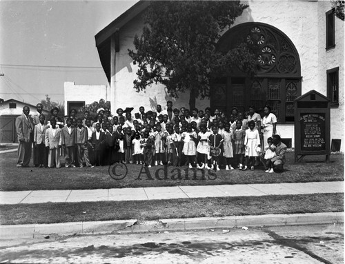 Congregants on church lawn; Los Angeles, 1955