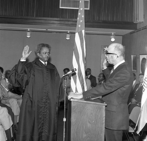 James N. Reese raising his hand as he is sworn-in as judge, Los Angeles, 1975