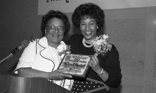 Helen S. Maxwell receiving an award from Alpha Phi Zeta Chapter, Zeta Phi Beta Sorority, Los Angeles, 1989