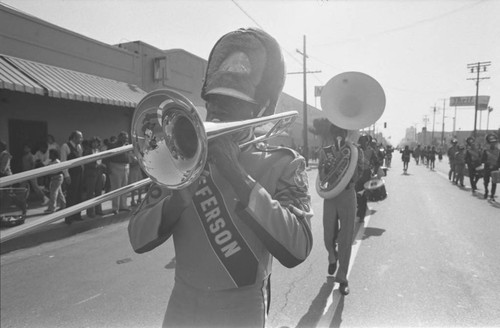 Jefferson High School marching band performing in a parade, Los Angeles, 1984