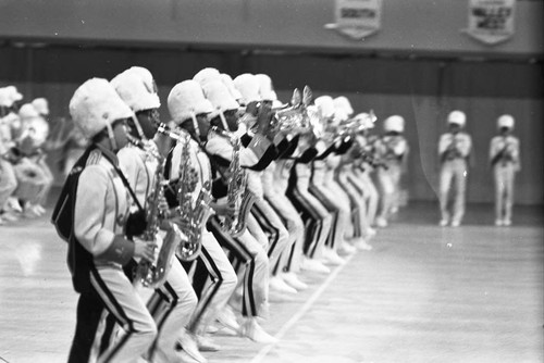 Locke High School students competing at a LAUSD Band and Drill Team Championship, Los Angeles, 1983