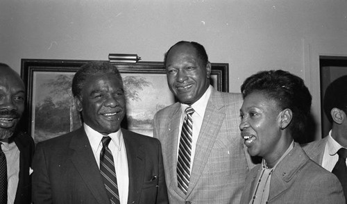 Harold Washington,Tom Bradley, Maxine Waters, and Willie Brown at a press conference, Los Angeles, 1983