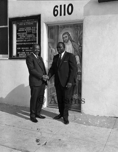 Two men outside a church, Los Angeles, 1979