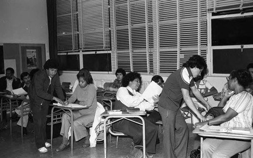 Adults talking together in a Dorsey Adult School ESL class, Los Angeles, 1980