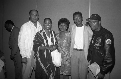 Marla Gibbs, Maxine Waters, Robert Townsend, and John Singleton at a Black Women's Forum event, Los Angeles, 1991