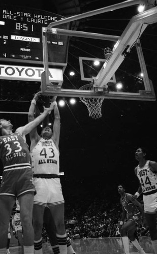 Larry Bird blocking Jack Sikma during the NBA All-Star Classic, Inglewood, 1983