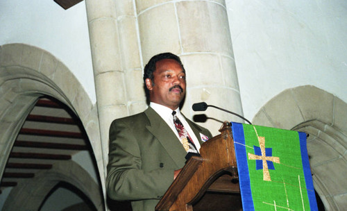 Rev. Jesse Jackson speaks at a Tournament of Roses protest rally, Pasadena, 1993